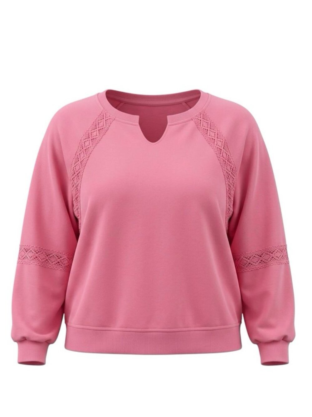 Womens Crochet Lace Trim Raglan Sweatshirt Split V Neck Heather Pink Size L